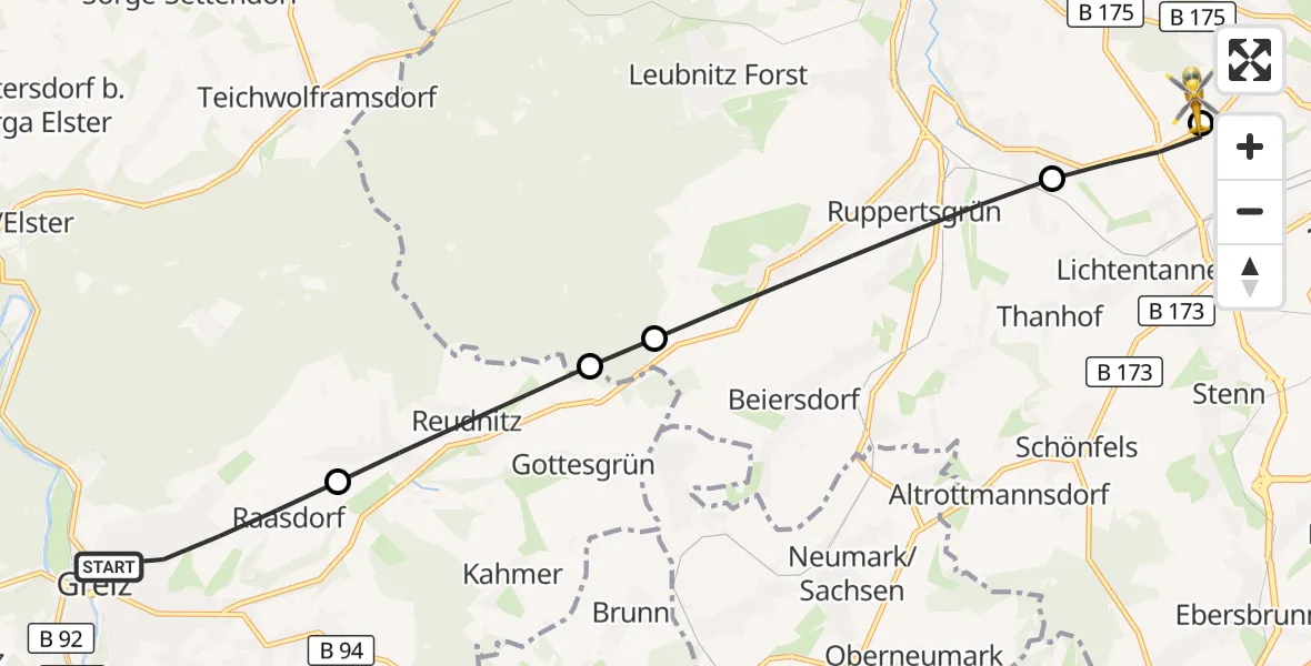 Flugroute Rettungshubschrauber Greiz - ADAC Air Rescue Station Zwickau Hubschrauberlandeplatz, 07 September 2026, 16:22