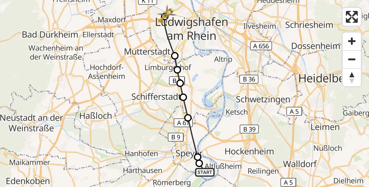 Flugroute Rettungshubschrauber Speyer - Ludwigshafen Accident Hospital, 07 September 2026, 16:27