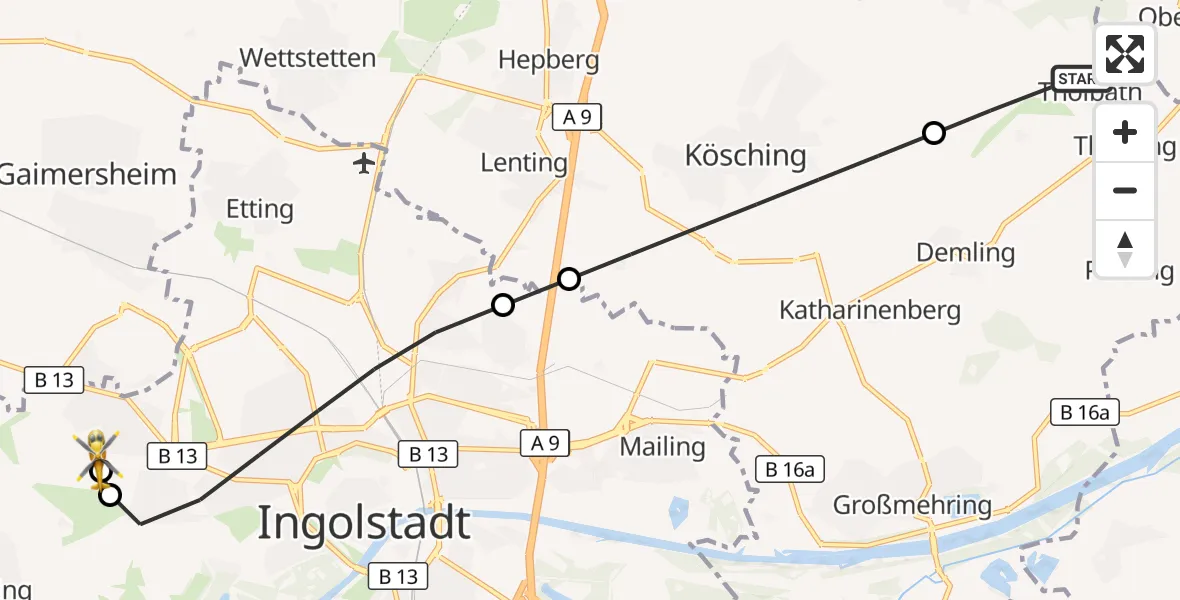 Flugroute Rettungshubschrauber Großmehring - Ingolstadt Hospital, 07 September 2026, 16:39
