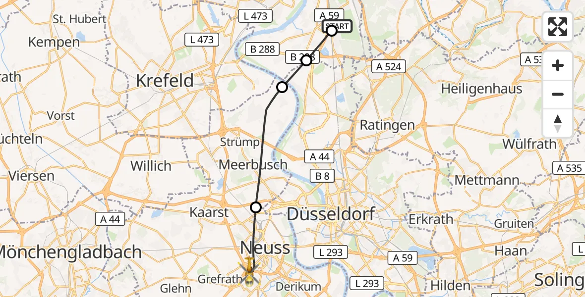 Flugroute Rettungshubschrauber Duisburg Air Rescue Hubschrauberlandeplatz (Christoph 9) - Neuss, 07 September 2026, 16:39