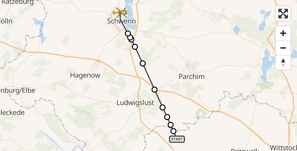 Flugroute Rettungshubschrauber Karstädt - Schwerin, 07 September 2026, 16:59