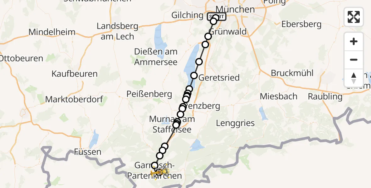Flugroute Rettungshubschrauber DRF Air Rescue München Hubschrauberlandeplatz - Garmisch-Partenkirchen Clinic Hubschrauberlandeplatz, 07 September 2026, 17:01