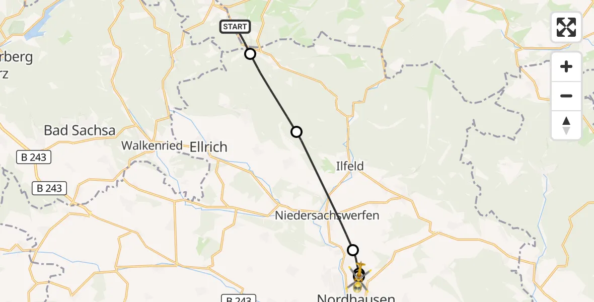 Flugroute Rettungshubschrauber Oberharz am Brocken - Südharz Hospital Nordhausen, 07 September 2026, 17:04