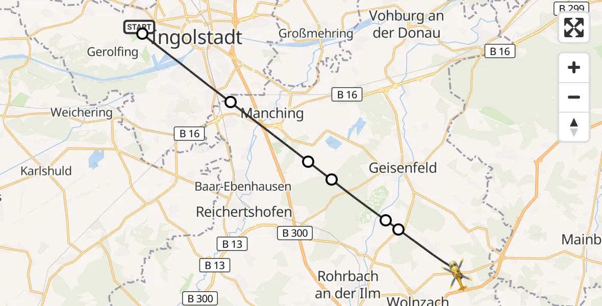 Flugroute Rettungshubschrauber Ingolstadt Hospital - Wolnzach, 07 September 2026, 17:09