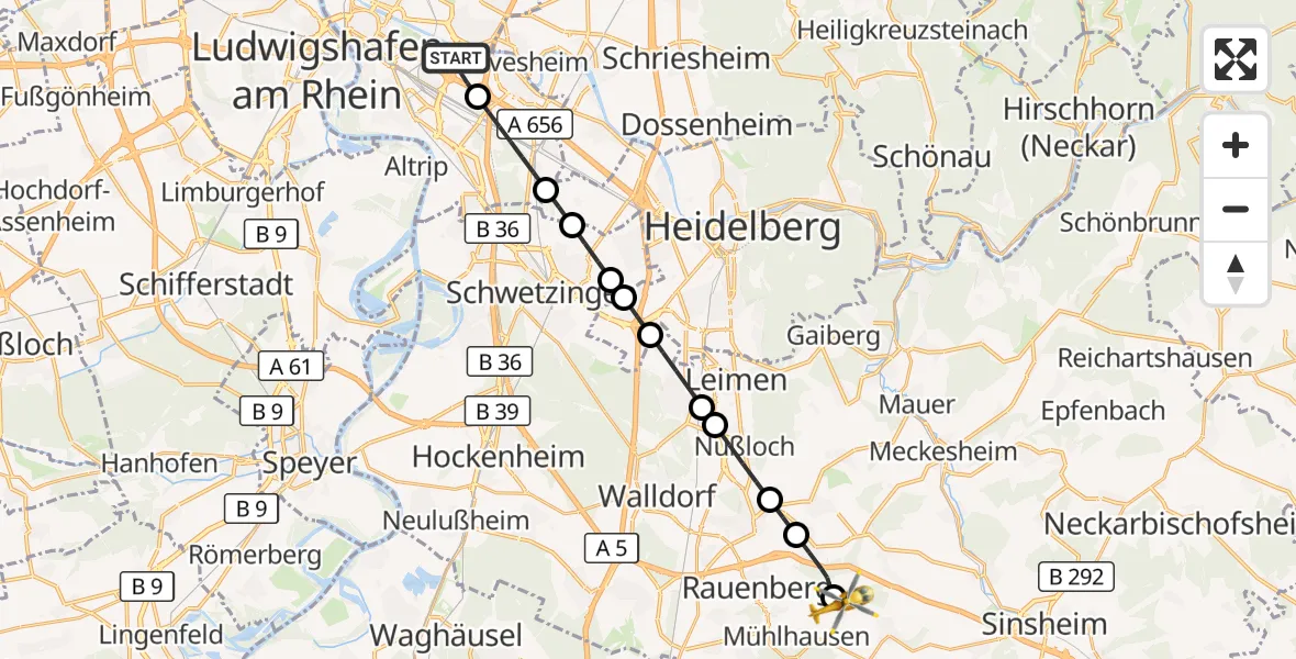 Flugroute Rettungshubschrauber Mannheim-City Flughafen - Mühlhausen, 07 September 2026, 17:12
