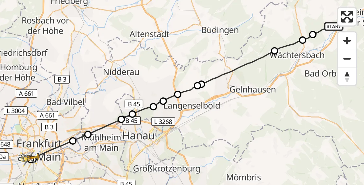 Flugroute Rettungshubschrauber Bad Soden-Salmünster - Frankfurt Universitätsklinikum Hubschrauberlandeplatz, 07 September 2026, 17:30
