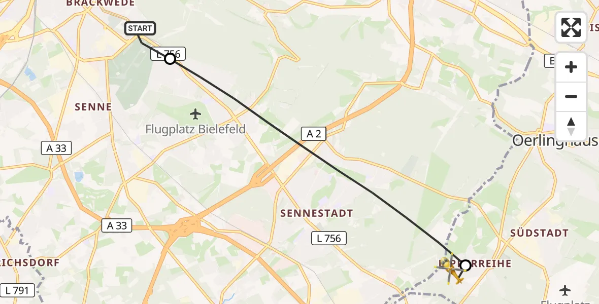 Flugroute Rettungshubschrauber Luftrettungszentrum Bielefeld - Oerlinghausen, 07 September 2026, 17:34