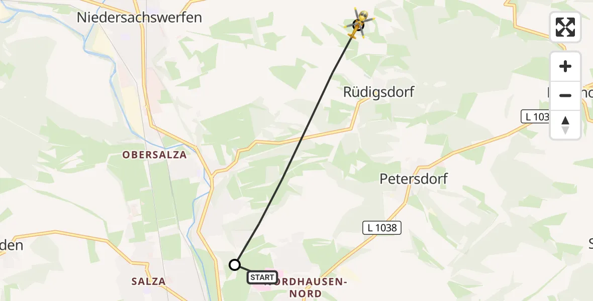 Flugroute Rettungshubschrauber Südharz Hospital Nordhausen - Harztor, 07 September 2026, 17:43