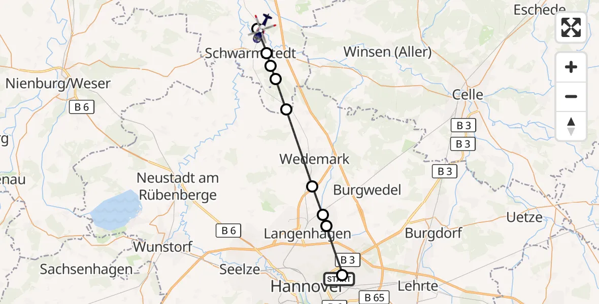 Flugroute Polizeihubschrauber Hannover Luftrettung Hubschrauberlandeplatz (Christoph 4) - Hademstorf, 07 September 2026, 17:47