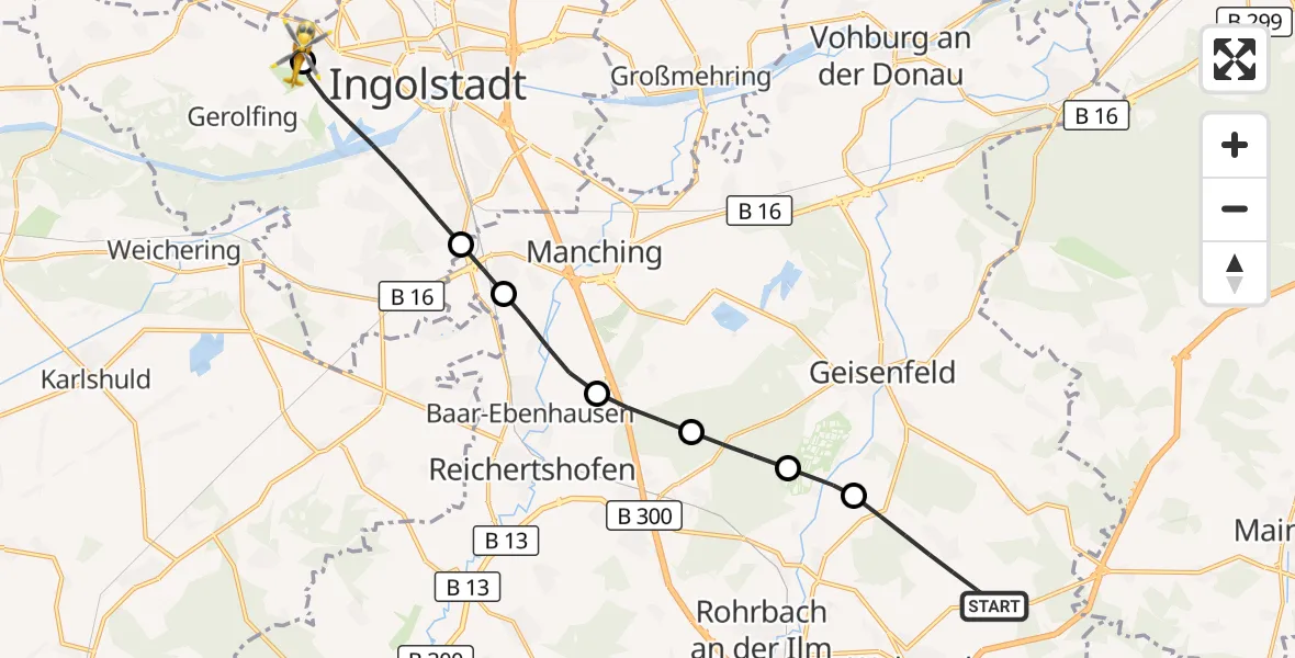 Flugroute Rettungshubschrauber Wolnzach - Ingolstadt Hospital, 07 September 2026, 17:50