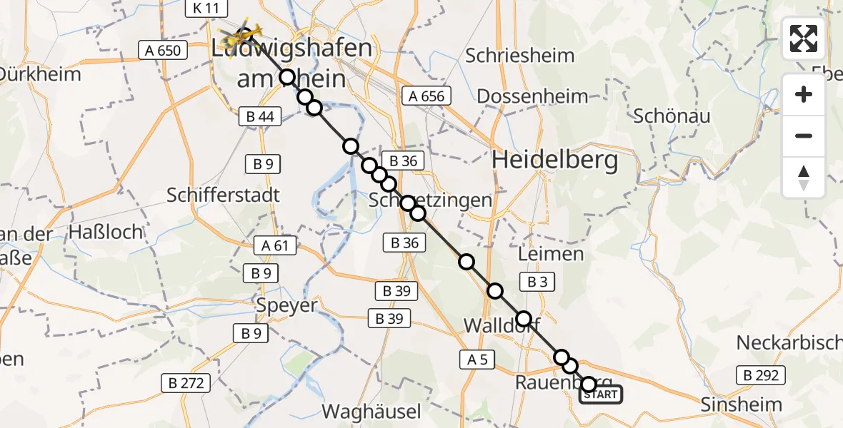 Flugroute Rettungshubschrauber Mühlhausen - Ludwigshafen Accident Hospital, 07 September 2026, 17:52