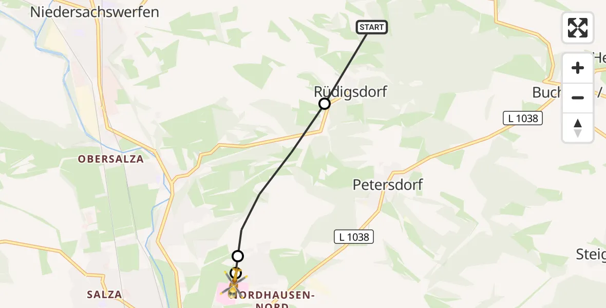 Flugroute Rettungshubschrauber Harztor - Südharz Hospital Nordhausen, 07 September 2026, 17:57