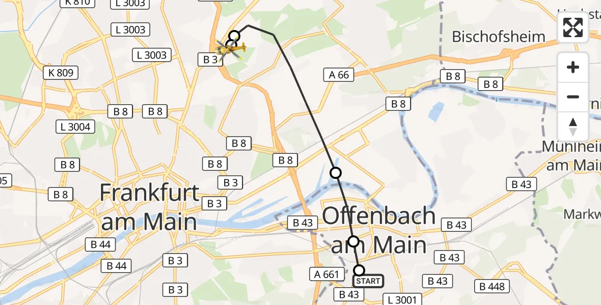 Flugroute Rettungshubschrauber Sana Hospital Offenbach - Frankfurt am Main Accident Hospital Roof Helipad (CHX2), 07 September 2026, 18:00