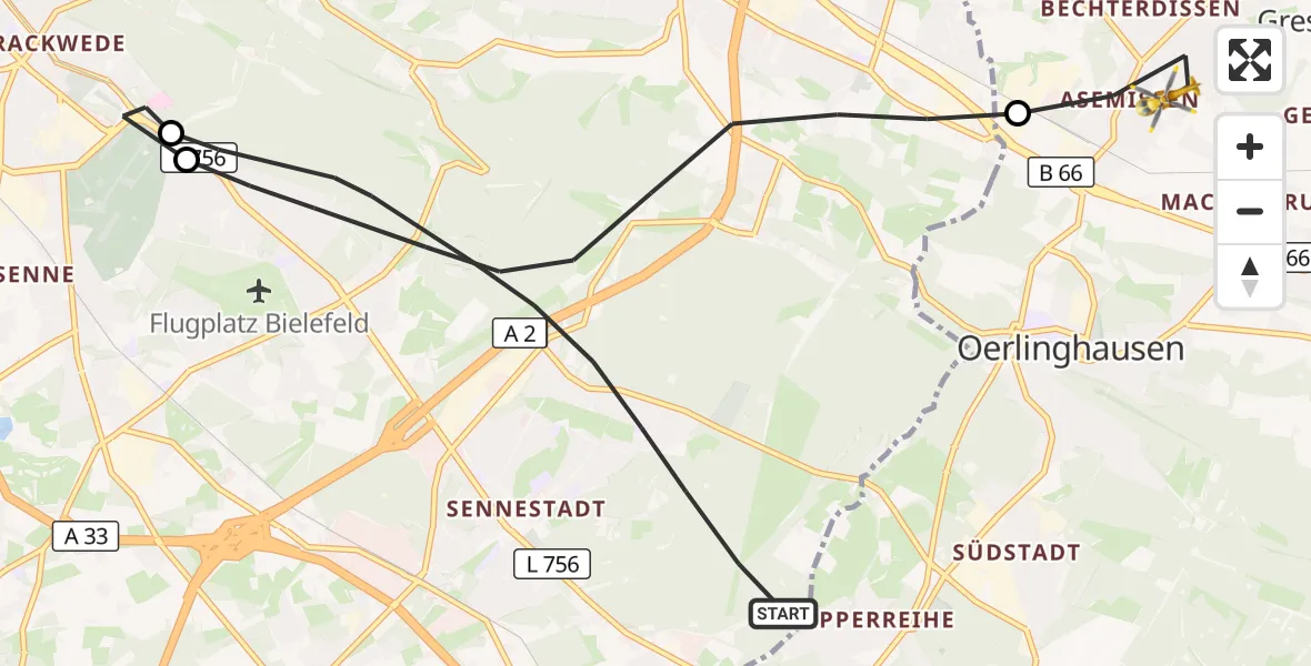 Flugroute Rettungshubschrauber Bielefeld - Leopoldshöhe, 07 September 2026, 18:02
