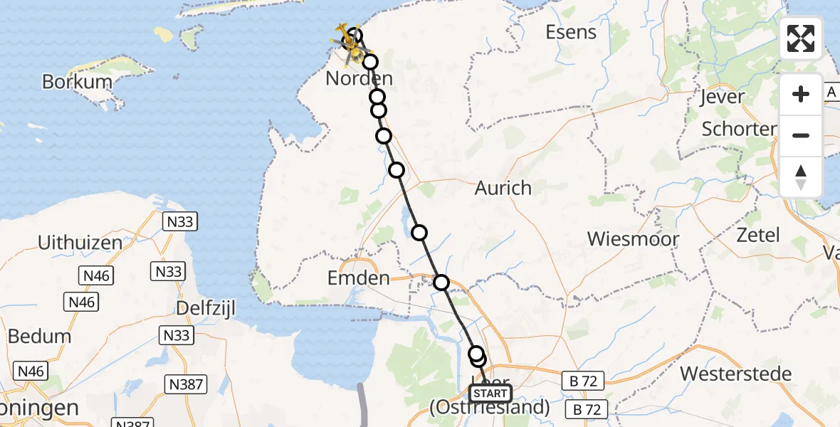 Flugroute Ambulanzhubschrauber Leer (Ostfriesland) - Norden-Norddeich Flughafen, 07 September 2026, 18:04