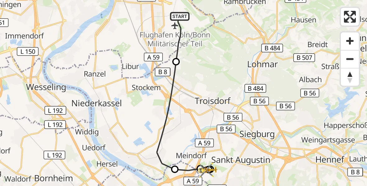 Flugroute Rettungshubschrauber Köln Bonn Flughafen - Sankt Augustin, 07 September 2026, 18:11