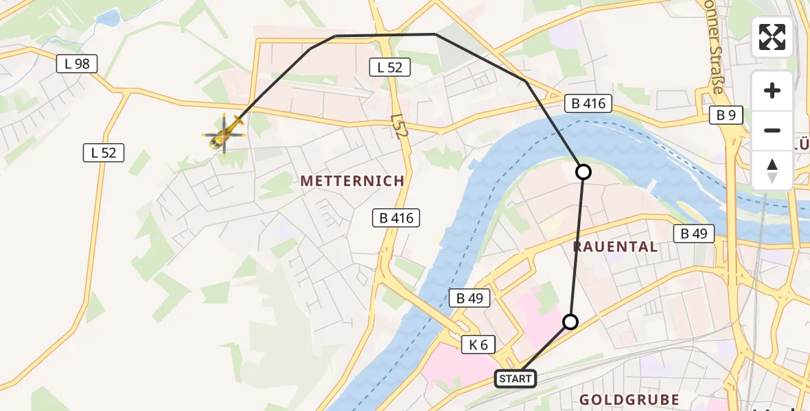 Flugroute Rettungshubschrauber Kemperhof Koblenz Klinikum Hubschrauberlandeplatz - Koblenz, 07 September 2026, 18:11