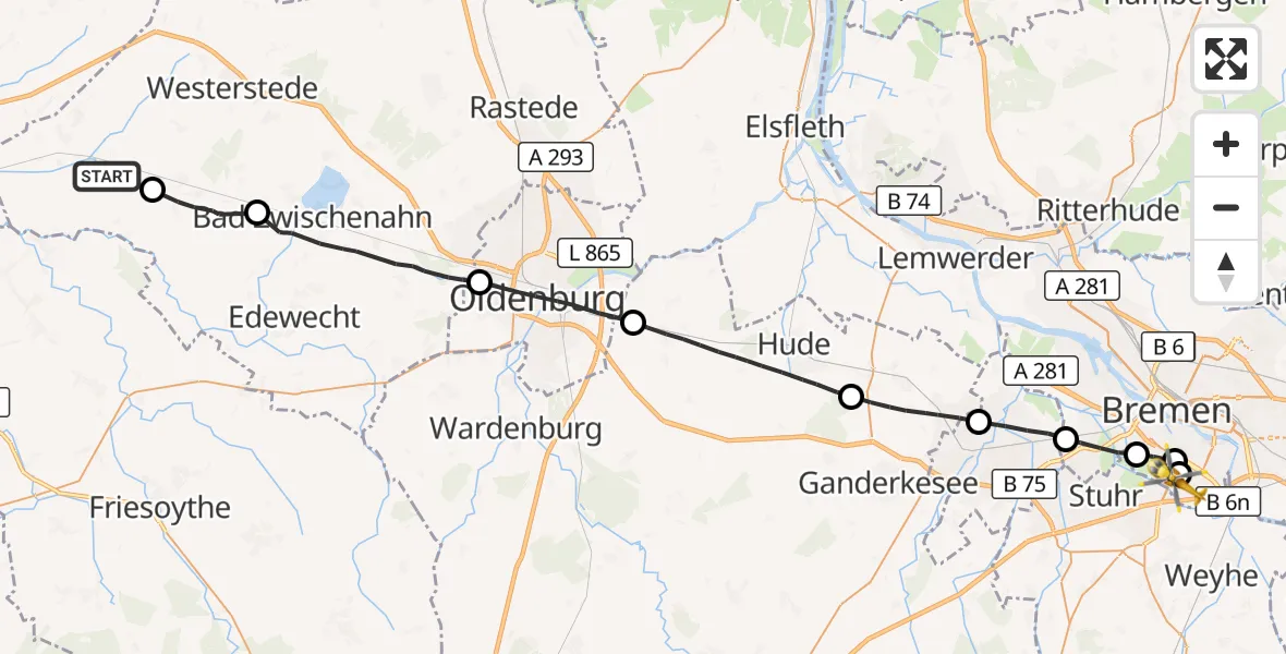Flugroute Rettungshubschrauber Apen - ADAC Air Rescue Station Bremen Hubschrauberlandeplatz (Christoph 6), 07 September 2026, 18:14