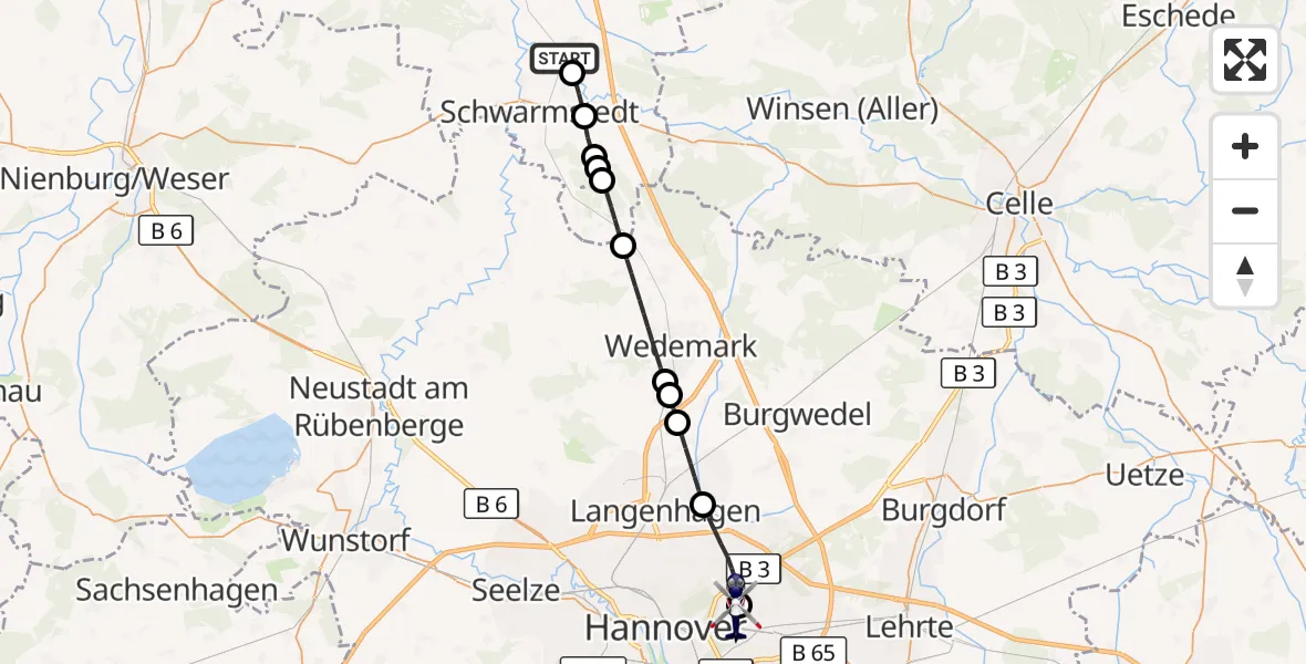 Flugroute Polizeihubschrauber Hademstorf - Hannover Luftrettung Hubschrauberlandeplatz (Christoph 4), 07 September 2026, 18:15