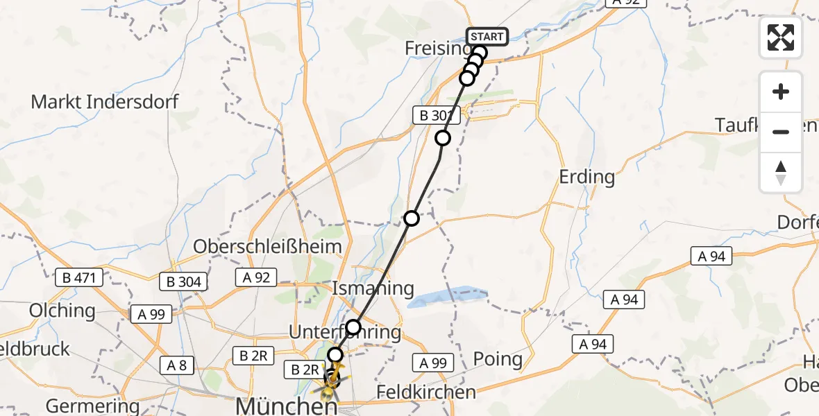 Flugroute Rettungshubschrauber Marzling - München Bogenhausen Hospital, 07 September 2026, 18:20