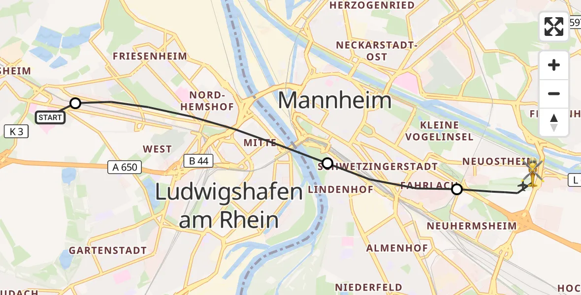 Flugroute Rettungshubschrauber Ludwigshafen Accident Hospital - Mannheim-City Flughafen, 07 September 2026, 18:21