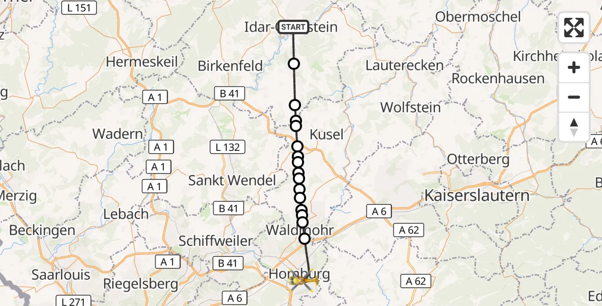 Flugroute Rettungshubschrauber Idar-Oberstein - Homburg, 07 September 2026, 18:53