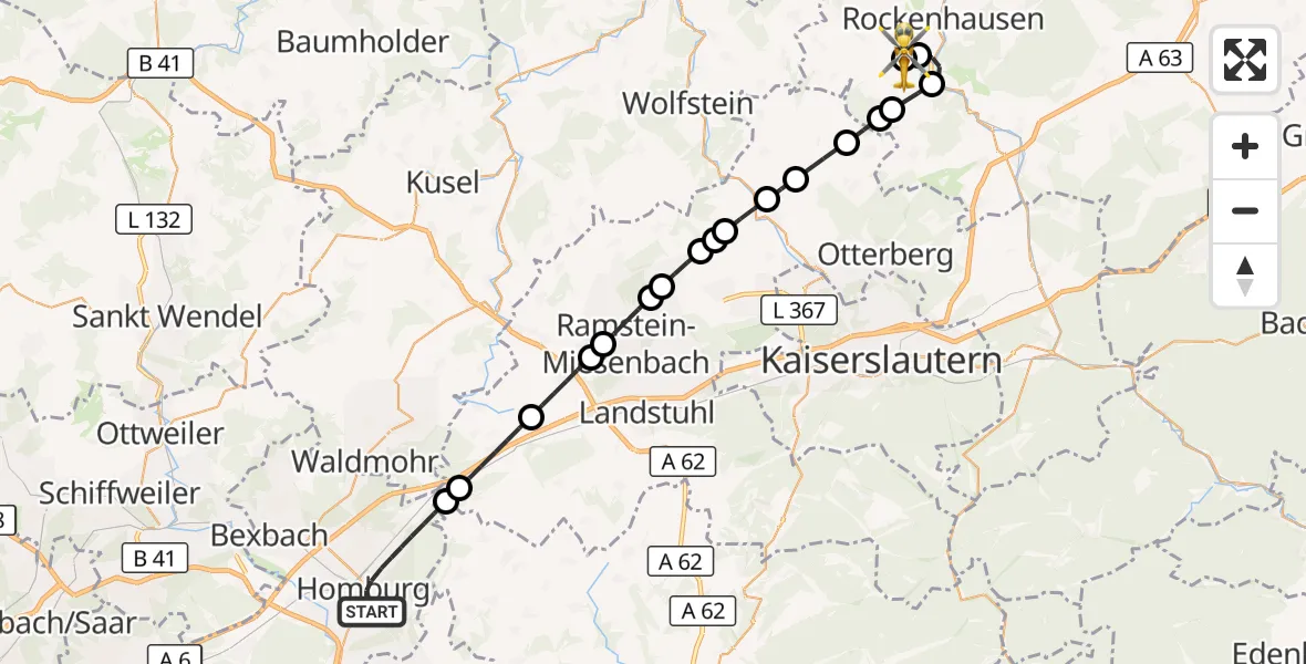 Flugroute Rettungshubschrauber Homburg - Rockenhausen, 07 September 2026, 19:43