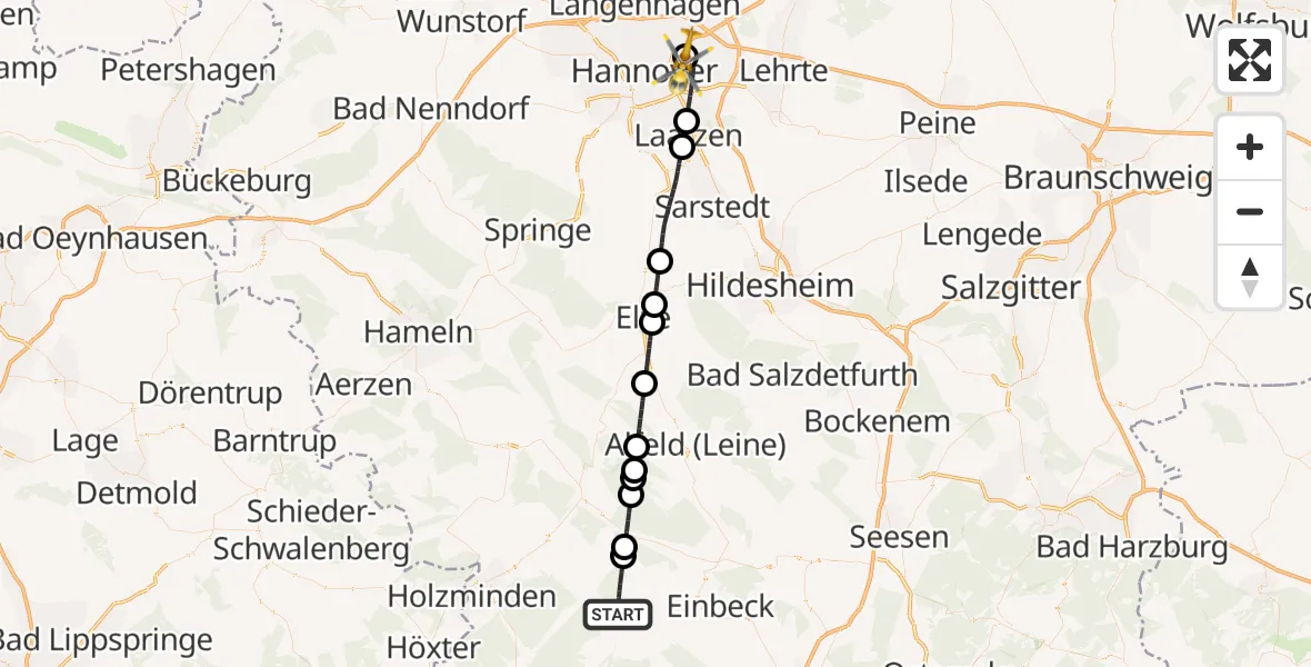 Flugroute Rettungshubschrauber Dassel - Hannover Luftrettung Hubschrauberlandeplatz (Christoph 4), 07 September 2026, 19:48