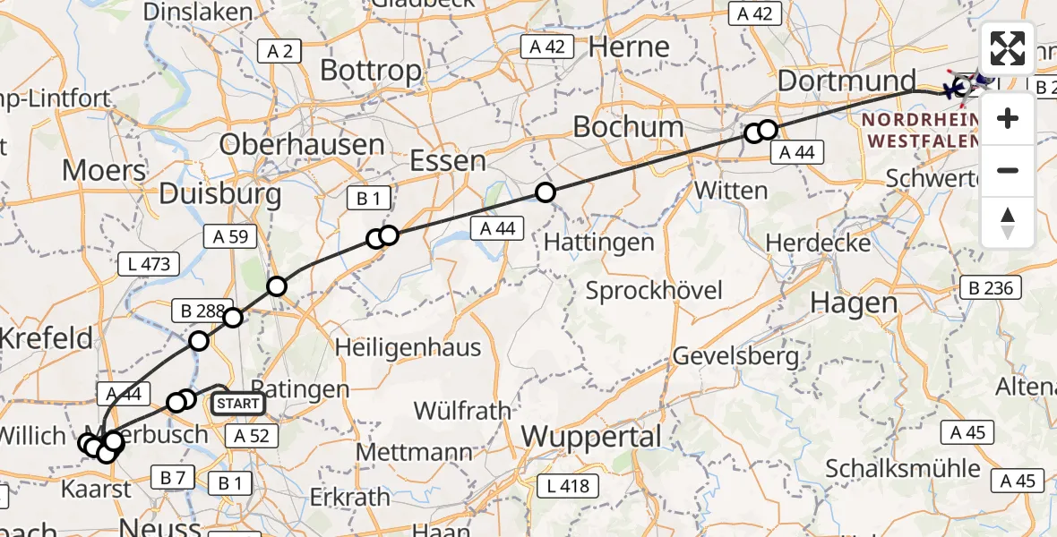 Flugroute Polizeihubschrauber Düsseldorf Flughafen - Dortmund Flughafen, 07 September 2026, 19:49