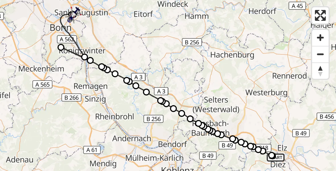 Flugroute Polizeihubschrauber Gückingen - Bonn-Hangelar Flugplatz, 07 September 2026, 20:24