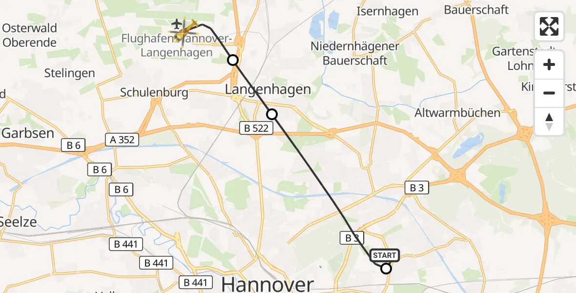 Flugroute Rettungshubschrauber Hannover Luftrettung Hubschrauberlandeplatz (Christoph 4) - Flughafen Hannover, 07 September 2026, 20:51