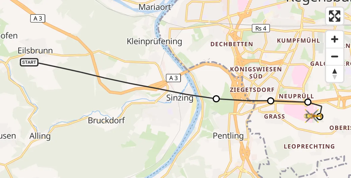 Flugroute Rettungshubschrauber Sinzing - DRF Air Rescue Station Regensburg / Regensburg University Hospital, 07 September 2026, 20:57