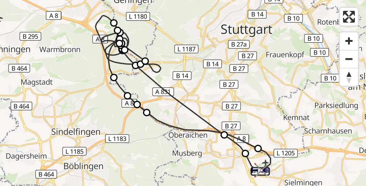 Flugroute Polizeihubschrauber Flughafen Stuttgart - Flughafen Stuttgart, 07 September 2026, 21:14