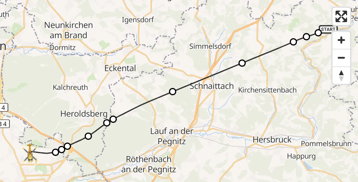 Flugroute Rettungshubschrauber Velden - Flughafen Nuremberg, 07 September 2026, 21:55