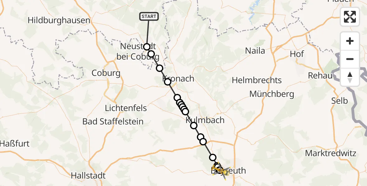 Flugroute Ambulanzhubschrauber Steinach - Bayreuth Hospital, 08 September 2026, 00:35