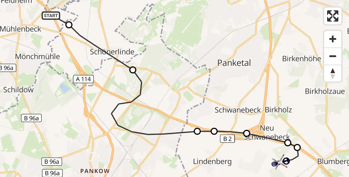 Flugroute Polizeihubschrauber Mühlenbecker Land - Ahrensfelde Hubschrauberlandeplatz, 08 September 2026, 02:08