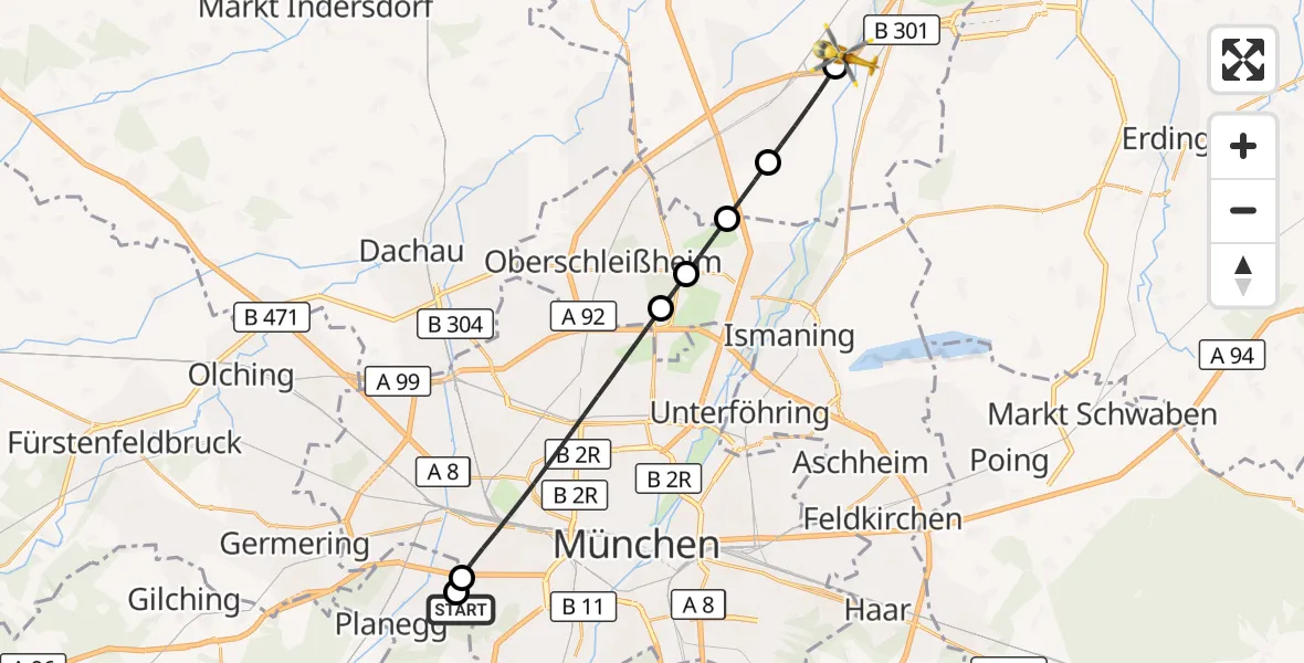 Flugroute Rettungshubschrauber DRF Air Rescue München Hubschrauberlandeplatz - Freising, 08 September 2026, 04:18