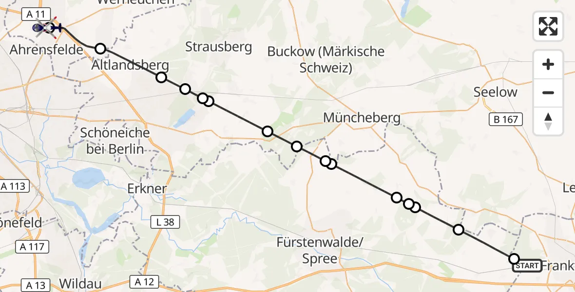Flugroute Polizeihubschrauber Frankfurt (Oder) - Ahrensfelde Hubschrauberlandeplatz, 08 September 2026, 04:27