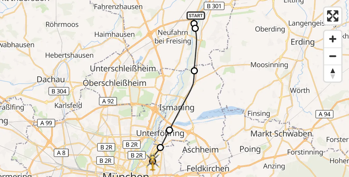 Flugroute Rettungshubschrauber Freising - München Bogenhausen Hospital, 08 September 2026, 04:49