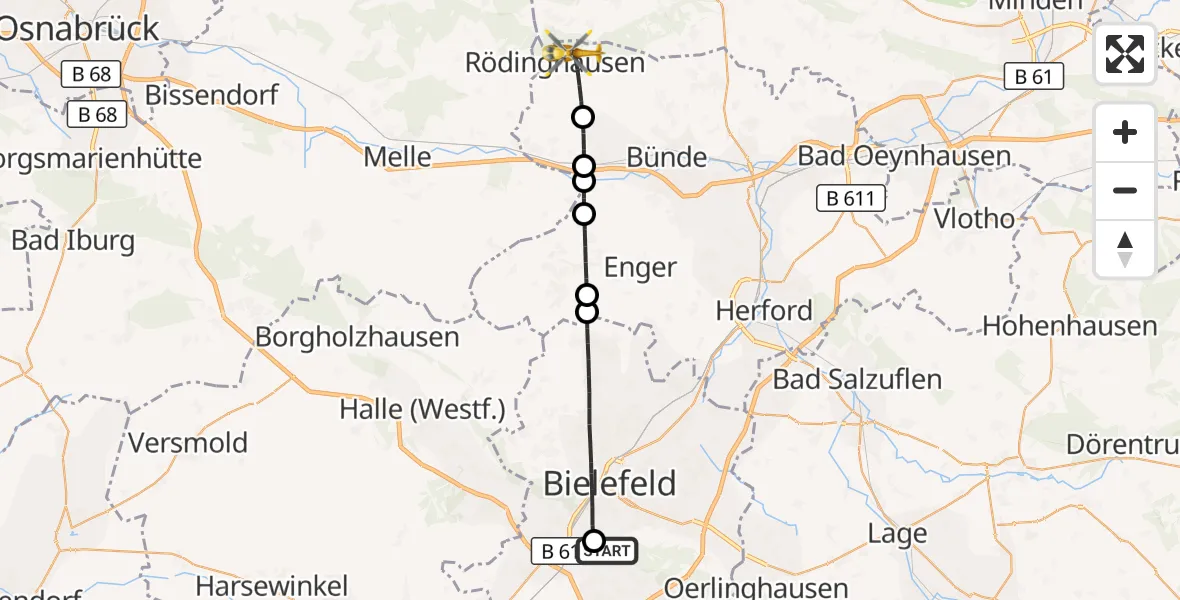 Flugroute Rettungshubschrauber Luftrettungszentrum Bielefeld - Rödinghausen, 08 September 2026, 04:53