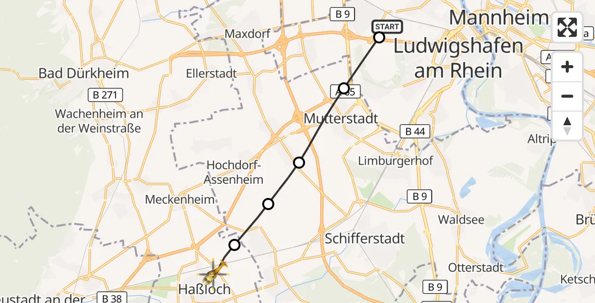 Flugroute Rettungshubschrauber Ludwigshafen Accident Hospital - Haßloch, 08 September 2026, 05:25