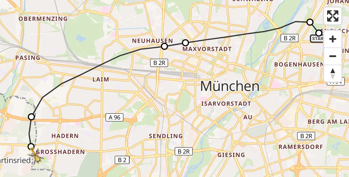 Flugroute Rettungshubschrauber München Bogenhausen Hospital - DRF Air Rescue München Hubschrauberlandeplatz, 08 September 2026, 05:33