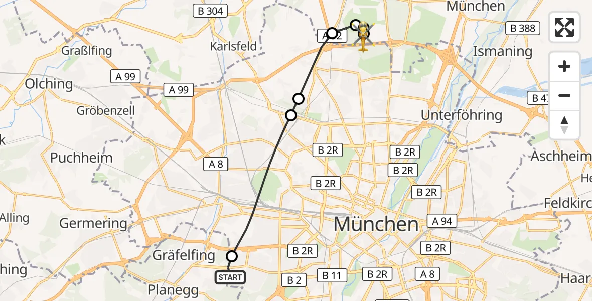 Flugroute Rettungshubschrauber DRF Air Rescue München Hubschrauberlandeplatz - Oberschleißheim, 08 September 2026, 06:12