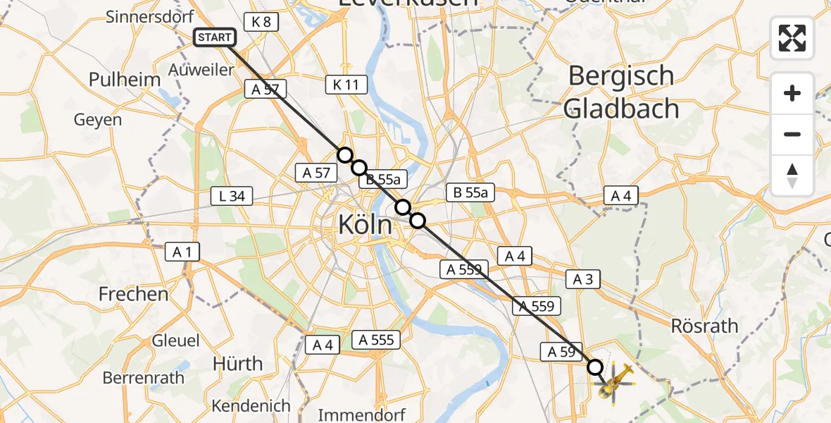 Flugroute Ambulanzhubschrauber Köln - Köln Bonn Flughafen, 08 September 2026, 06:33