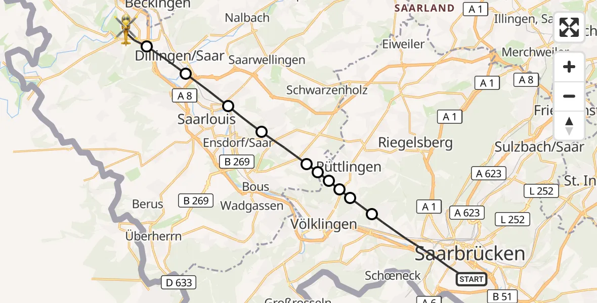 Flugroute Rettungshubschrauber Saarbrücken - Rehlingen-Siersburg, 08 September 2026, 06:39