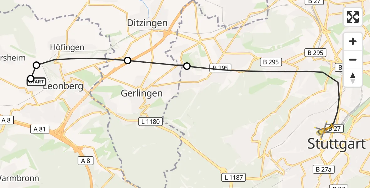 Flugroute Rettungshubschrauber Leonberg Hospital - Stuttgart, 08 September 2026, 06:42