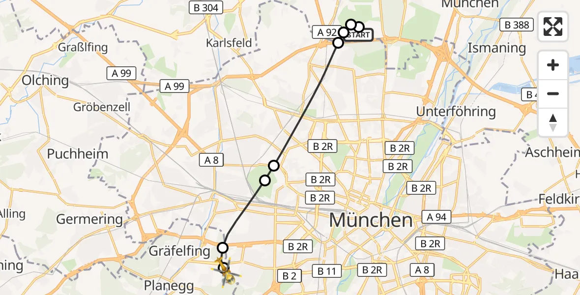 Flugroute Rettungshubschrauber Oberschleißheim - DRF Air Rescue München Hubschrauberlandeplatz, 08 September 2026, 06:43