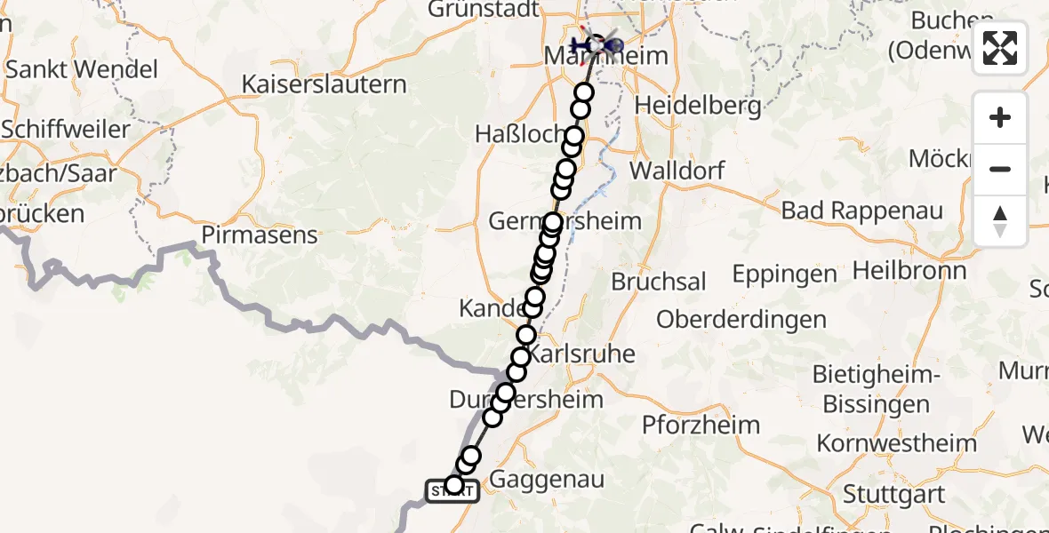 Flugroute Polizeihubschrauber Karlsruhe Baden-Baden Flughafen - Mannheim, 08 September 2026, 06:48
