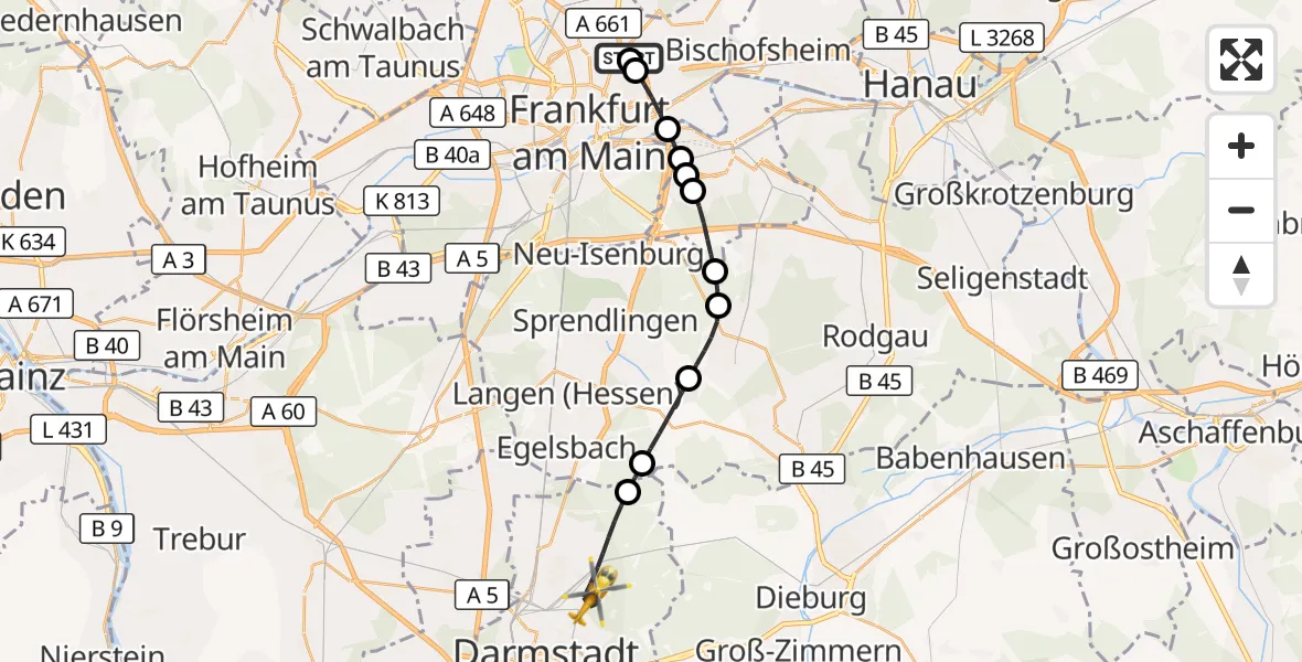 Flugroute Rettungshubschrauber Frankfurt am Main Accident Hospital Roof Helipad (CHX2) - Darmstadt, 08 September 2026, 06:50