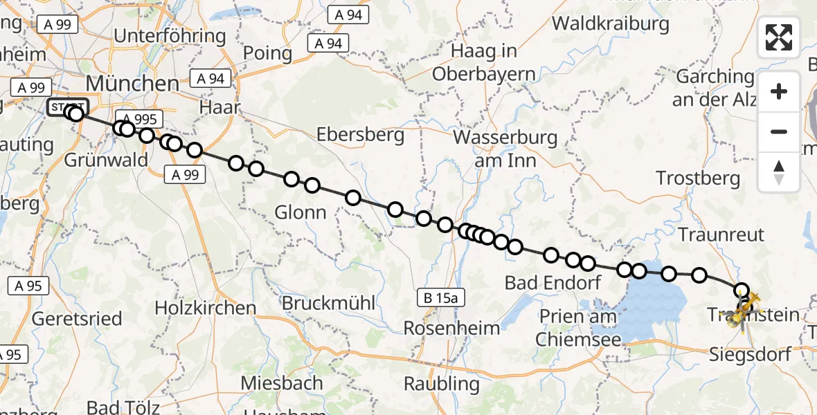Flugroute Rettungshubschrauber DRF Air Rescue München Hubschrauberlandeplatz - Traunstein Hospital, 08 September 2026, 06:54
